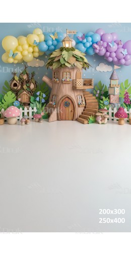 Tło fotograficzne „Magiczny domek na drzewie z balonami i motylami” | 4068